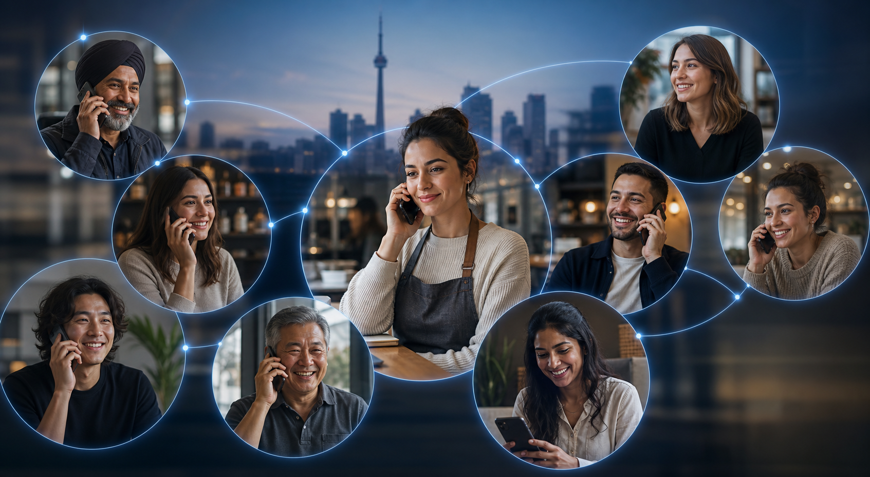 Diverse customers and business staff connected by blue communication arcs while calling and messaging